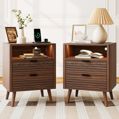 Table de chevet 19,7 po avec 2 tiroirs et tablette ouverte, table de chevet avec lumières et prises à DEL, table de bout pour la chambre à coucher ou le salon