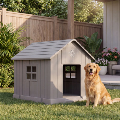 31" Peak‑Roof Dog House, Light Taupe