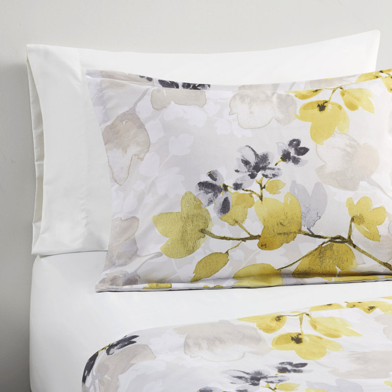 Édredon pour lit simple TG et drap - imprimé feuille gris-jaune, microfibre ultra douce, rembourrage, poches latérales ajustées pour un rangement supplémentaire, ensemble de literie complet, imprimé botanique à feuilles longues