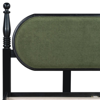 King Bed Frame, Solid Wood Platform With Slats, Modern Green & Black Bedroom Furniture
