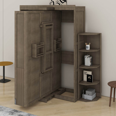 Lit escamotable rotatif avec bureau et deux tablettes latérales à 3 niveaux, lit mural vertical en bois avec bureau convertible, supports de rangement supplémentaires