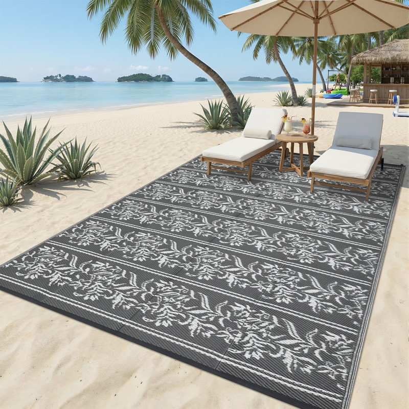 Tapis d'extérieur réversible imperméable à l'eau Boho, Gris, Tapis de couloir 9 pi x 18 pi
