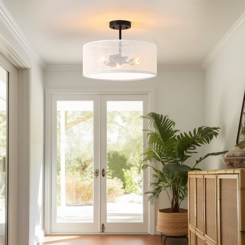Plafonnier semi-encastré en rotin 3 lumières Roelke, Blanc
