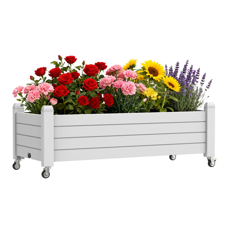 43.31×17.72×17.56 Garden Planter, Divisible Resin Planter Box With 4 Legs & 4 Lockable Rolling Wheels, Ideal For Backyard, Patio & Balcony (gray-white)