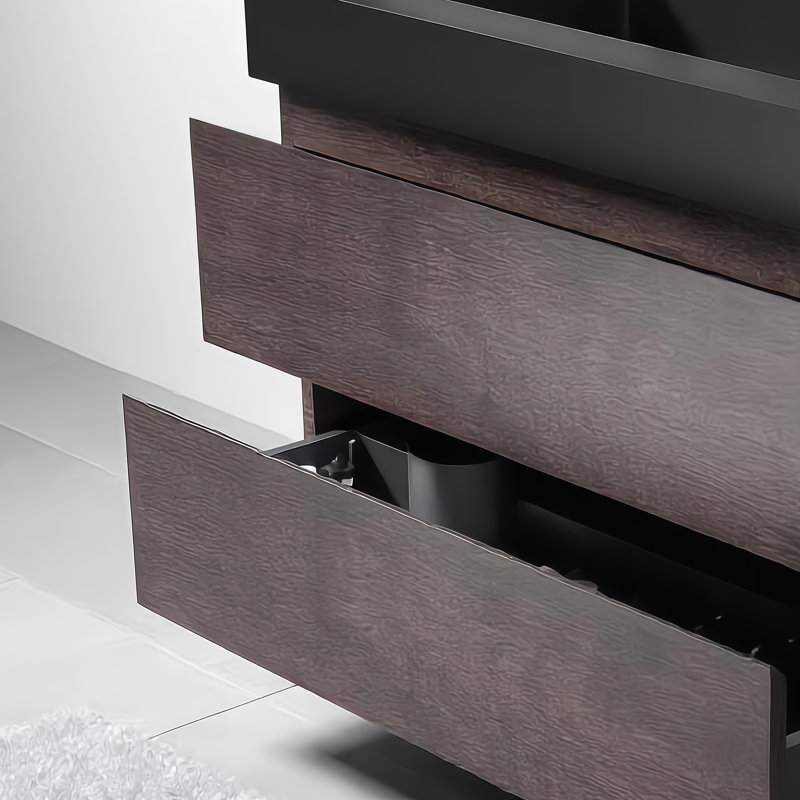 Grande armoire de salle de bain moderne en noyer flottant entièrement noire pré-assemblée avec lavabo sans robinet et sans drain