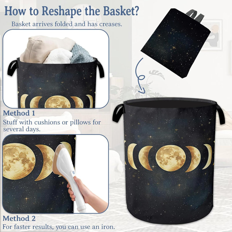 Panier à linge Lunar Phases, panier à linge pliable en tissu Oxford avec poignées, sac fourre-tout, seau de rangement pour vêtements / salle de bain / chambre à coucher / dortoirs