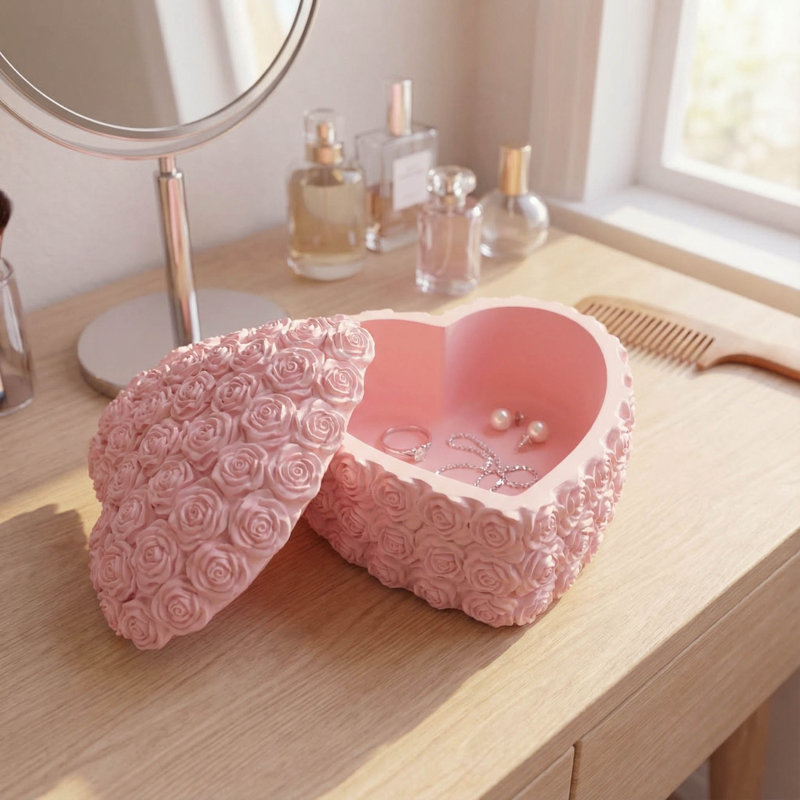 Boîte décorative en résine rose en forme de cœur et porte-bijoux