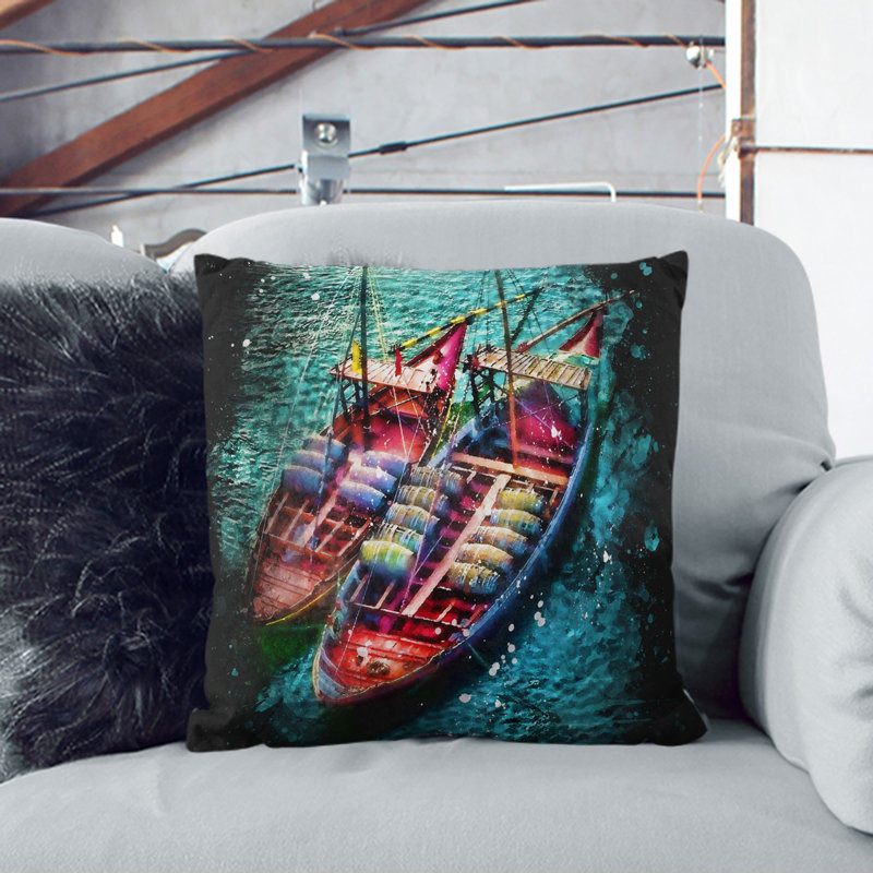 Boats In Portugal Paint Splash Square Throw Cushion, 40cm H x 40cm W x 15cm D, White