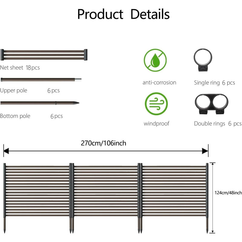 3-Panel No-Dig Privacy Fence Panels, Rustproof Decorative Outdoor Barrier for AC, Pool Equipment & Trash Cans, 270*124cm, Black