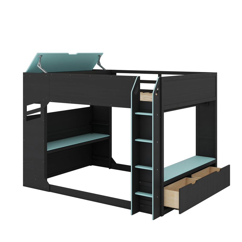 Full Size Wood Loft Bed With Desk,Drawers,Storage Compartments,Hanging Rod And RGB Lights, Blue