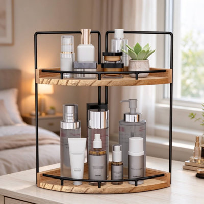 2‑Tier Half‑Moon Countertop Storage Organizer, Wooden Metal Bathroom Vanity Shelf, Multi‑Purpose Counter Storage Rack for Bathroom, Bedroom, Kitchen, Makeup Cosmetic Toiletries Spice Desktop Organizer