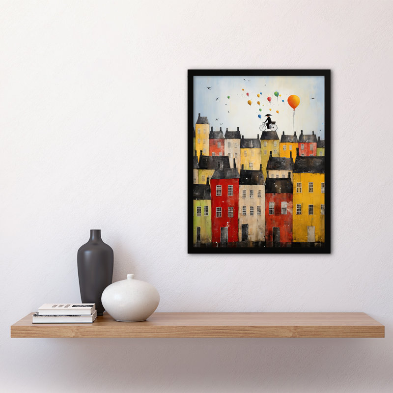 Cycling The Rooftops Celebration Whimsical Fun Townscape - Single Picture Frame Print