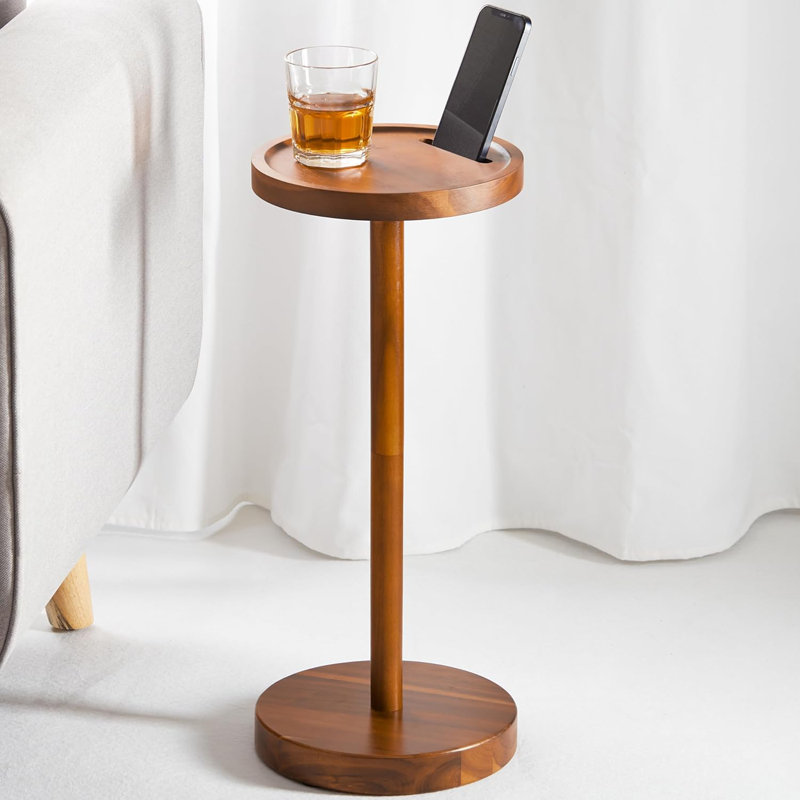 Table d'appoint à piédestal, table à boissons avec base lestée en acacia, petite table d'appoint ronde pour petits espaces avec support pour téléphone, table de bout à piédestal pour martini et cocktail, mini table à piédestal