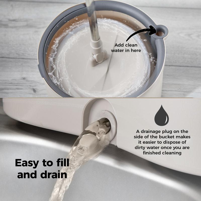 Tower Duo Compact Spin Mop & Bucket, Clean & Dirty Water Separation, Effortless 360° Wringing, 2 Reusable Microfibre Mop Pads, Latte & Grey