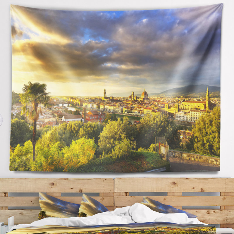 Tapisserie à coucher de soleil paysage florence et fixation murale, H 78 po x l 92 po