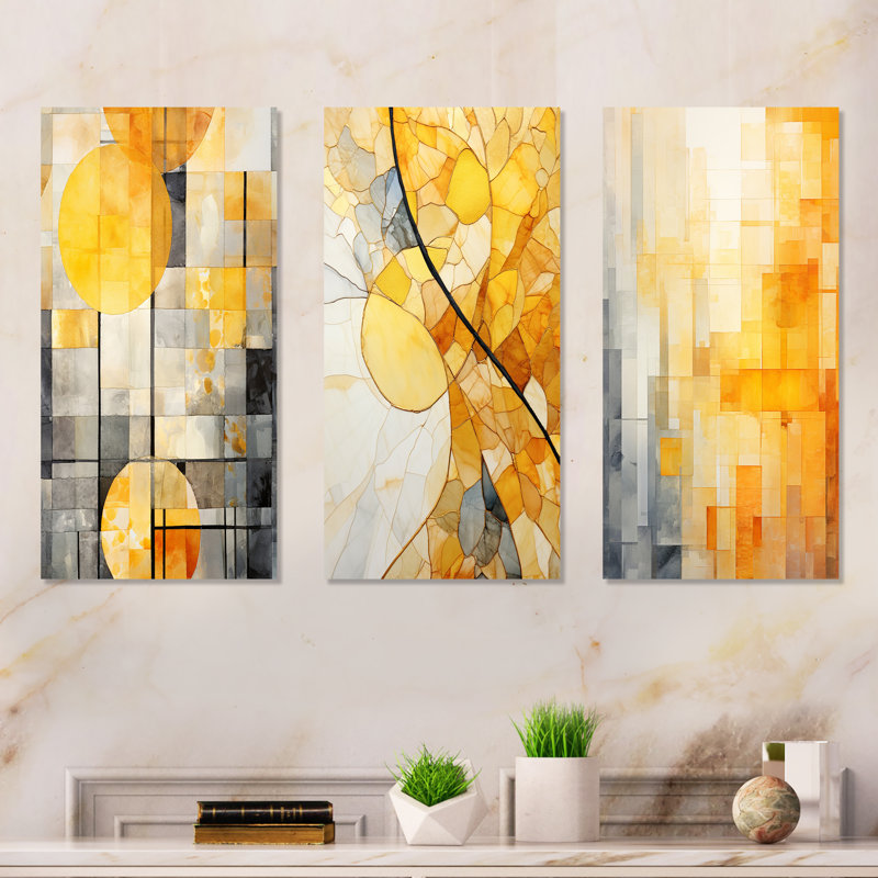 Ensemble de 3 panneaux muraux jaunes à la lumière du soleil - Collages abstraits sur toile, Toile tendue, H 28 po x l 36 po