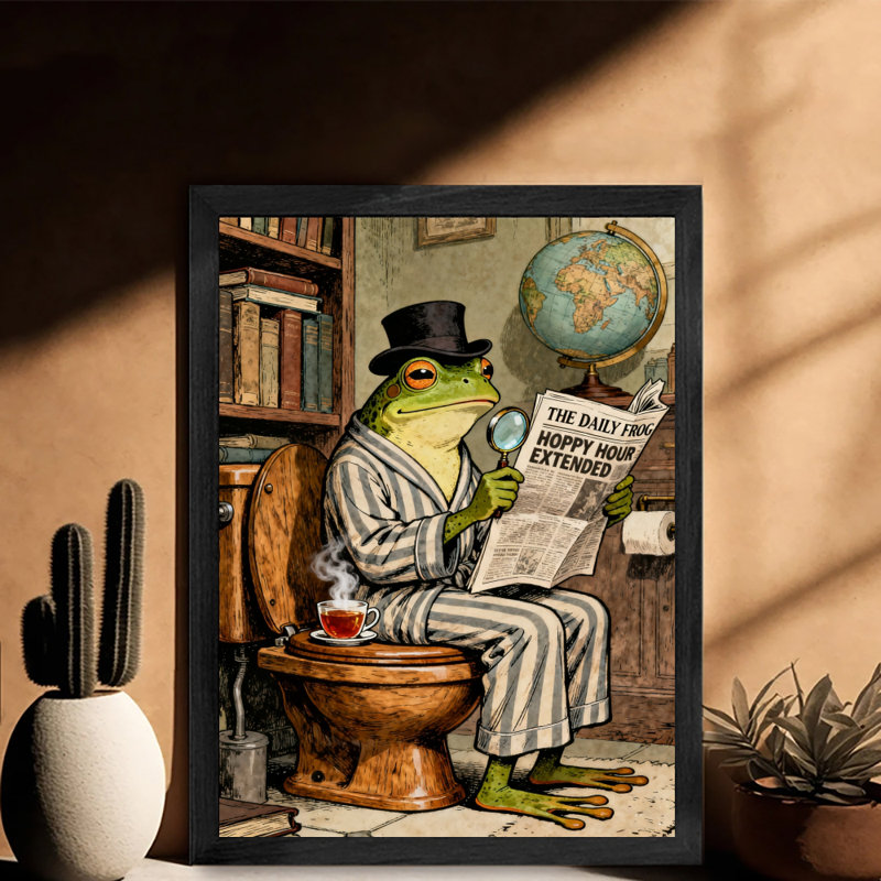 Art encadré noir, "Mr. Frog" lisant attentivement le journal sur la toilette, reproductions d'art encadrées de style rétro
