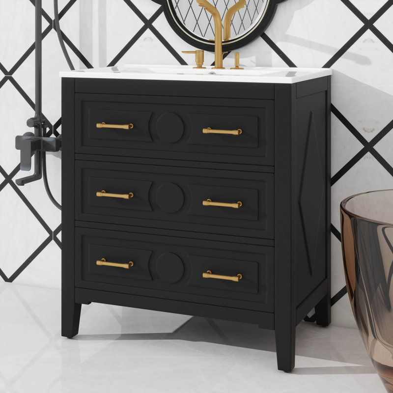 Ensemble de meuble-lavabo 30 po avec lavabo en céramique, unité simple autoportante avec 3 tiroirs, Noir