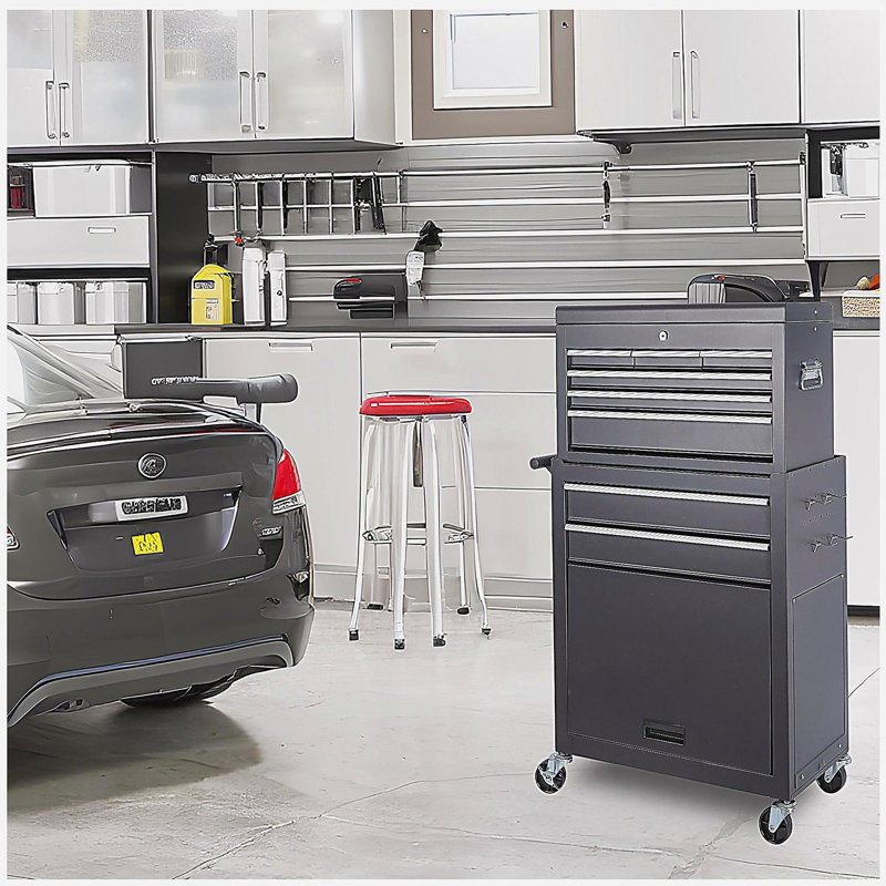 Tool Chest, 8-Drawer Rolling Tool Storage Cabinet with 2 in 1 Detachable Top Tool Box, Liner, Lockable Wheels, Side Hooks, Locking Mechanism, Metal Tool Cart for Garage