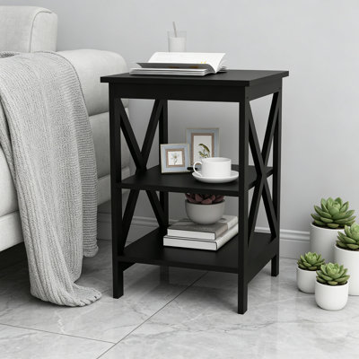 Wooden End Table with Storage Modern Sofa Side Table with X-Shape Design and Two Shelves