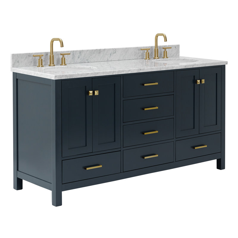 Flynt 67'' Double Bathroom Vanity with Carrara Marble Top, Satin Brass, Midnight Blue