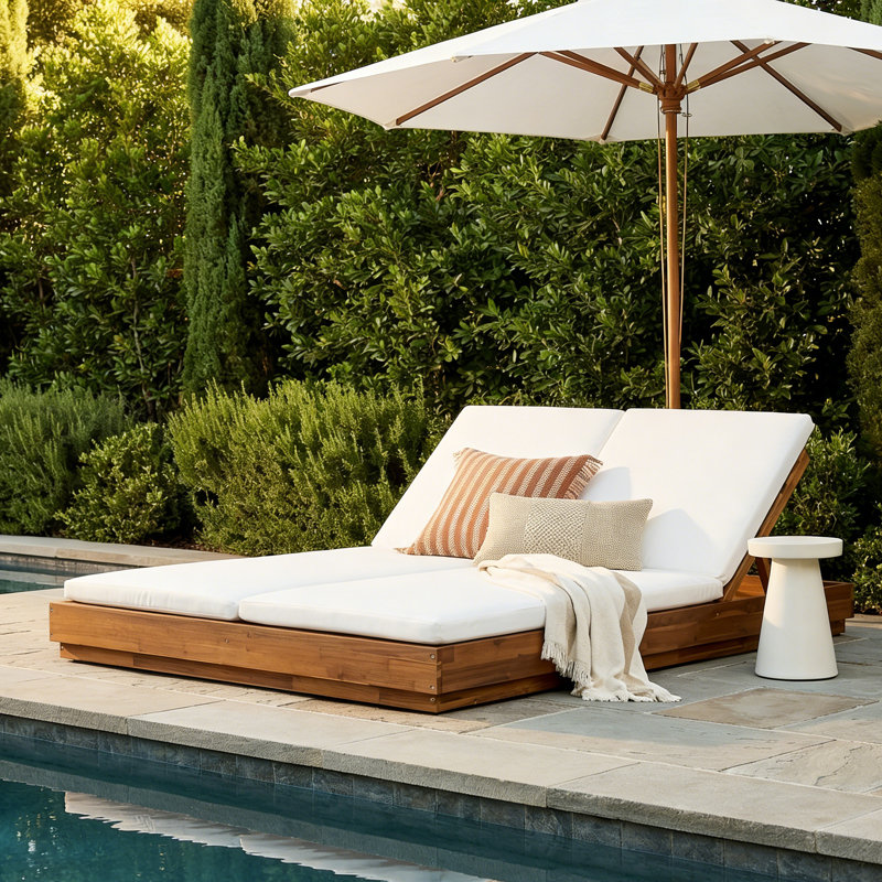 Torin Patio Acacia Wood Double Chaise Lounge with Cushions & 5 Adjustable Positions, Natural