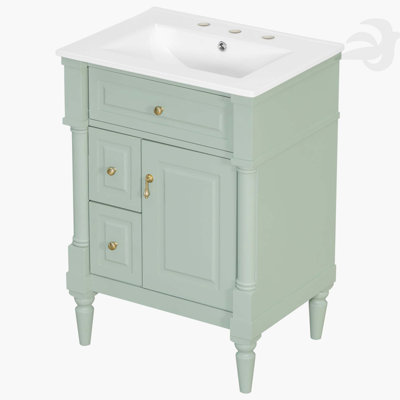 Meuble-lavabo de 24 po avec lavabo, armoire de salle de bain autoportante verte avec tiroir rabattable, tablette réglable, structure en bois d'hévéa massif, panneaux de fibres à densité moyenne et poignées en métal