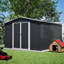 Remise de rangement extérieure en métal 10 x 10 pi, noire, structure robuste, portes doubles verrouillables, toutes saisons pour cour, pelouse et patio, outils spacieux, toit imperméable et incliné avec ventilation coulissante