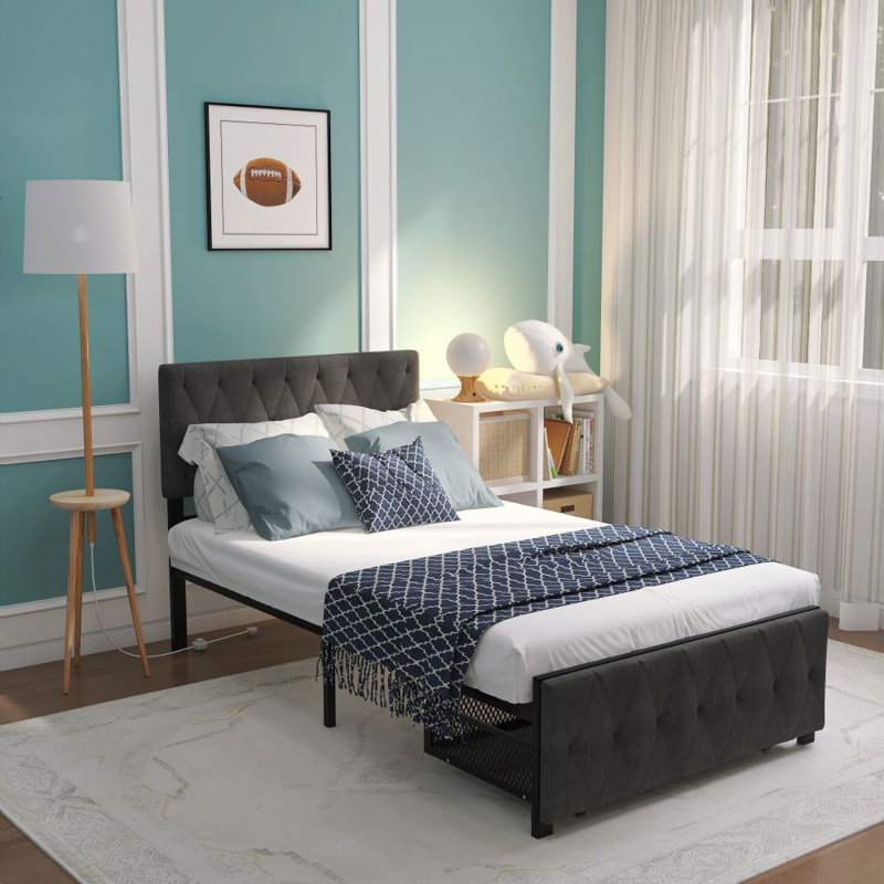 Lit plateforme tapissier Yaresli, Gris, Simple