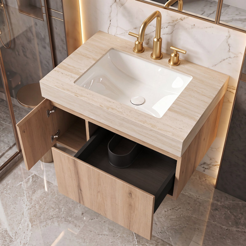 30'' Wall Mounted Single Sink Bathroom Vanity with Solid Surface Top, White Oak