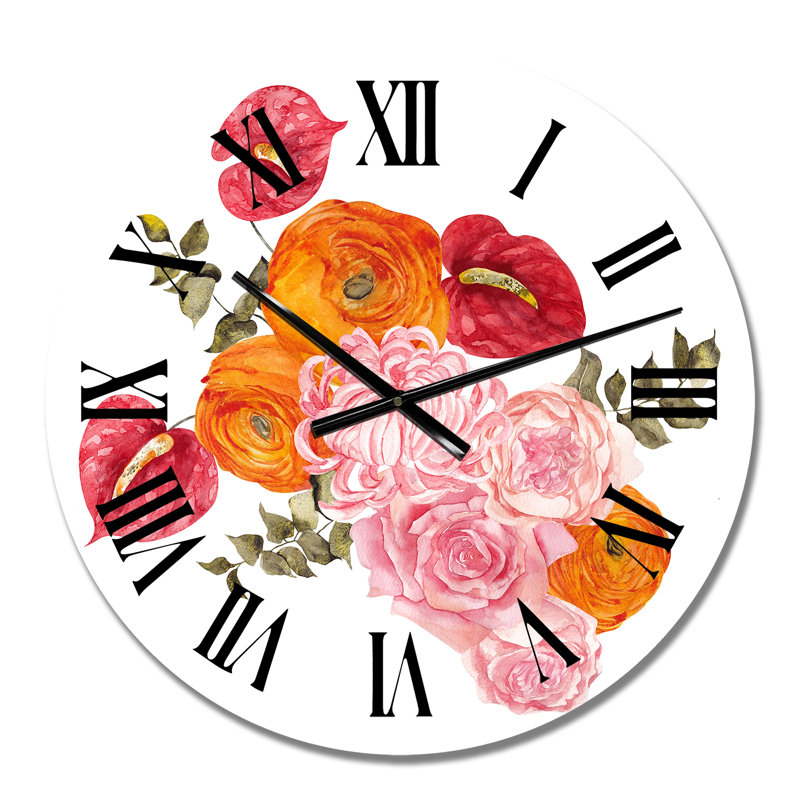 Horloge murale traditionnelle avec bouquet de fleurs d'automne, baies et feuilles de pommes II, Moyen