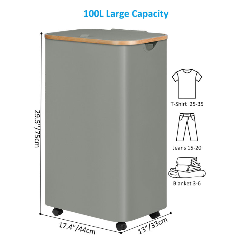 Tall Grey Laundry Basket with Bamboo Lid and Wheels