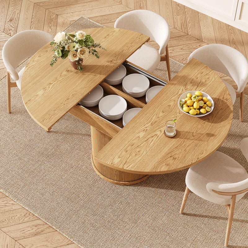 47”-63” Extendable Dining Table Set For 4 To 6 People, Farmhouse Kitchen Table With 2-Tier Storage Shelf And Fluted Sliding Door Cabinet