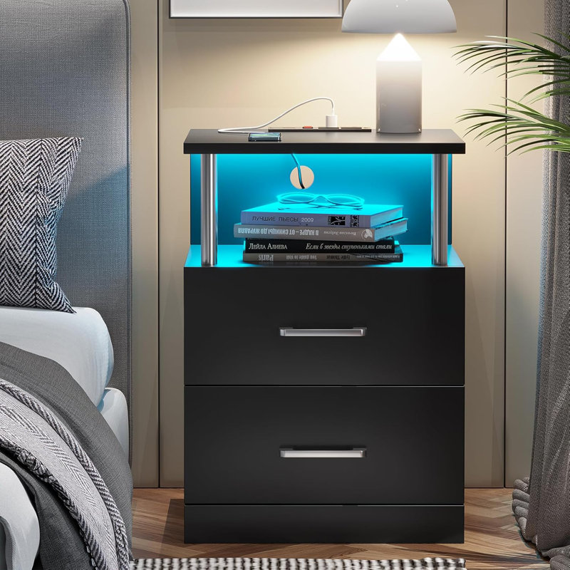 Black Nightstand with Charging Station and USB Ports, LED Night Stand with 2 Drawers, Modern End Side Tables with Open Storage, Bedside Tables for Bedroom, Office