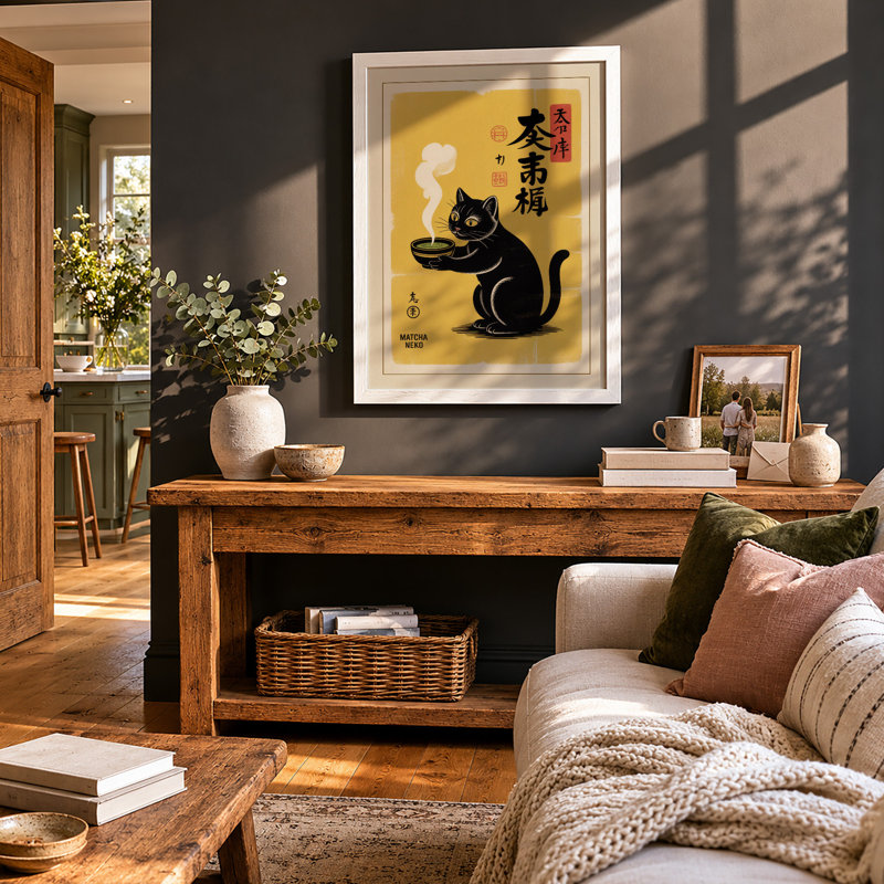 Lucky Cat Lantern Japandi - Framed Print, A2 - 59.4 x 42.0 cm, White