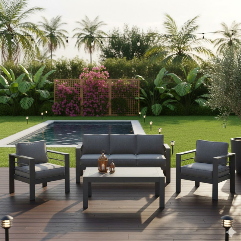 All-Weather 4-Piece Modern Metal Patio Furniture Set,  5-Seat Conversation Sofa With Thick Gray Cushions & Gray Frame And Coffee Table