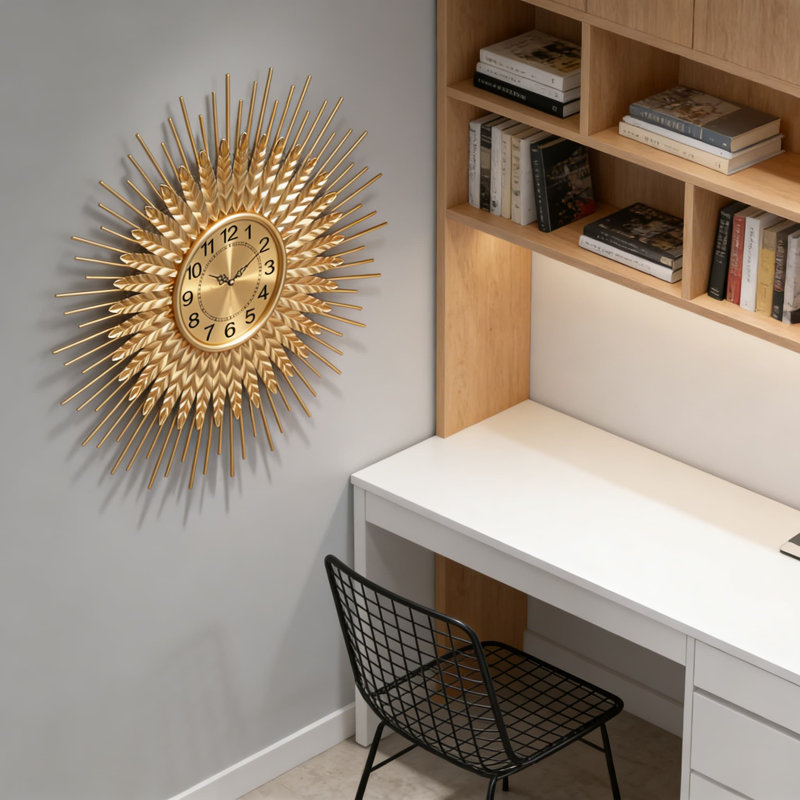 Grande horloge murale Sunburst moderne Mid-Century - Horloge décorative silencieuse en métal avec design blé
