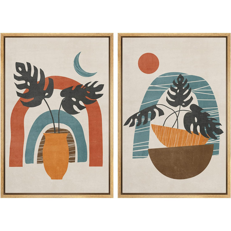 Soleil et lune, croissant de lune, soleil, plantes géométriques, illustrations abstraites, formes modernes, Naturel
