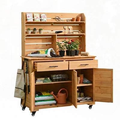65''H Large Garden Potting Bench with Lockable Wheels and Storage Cabinet