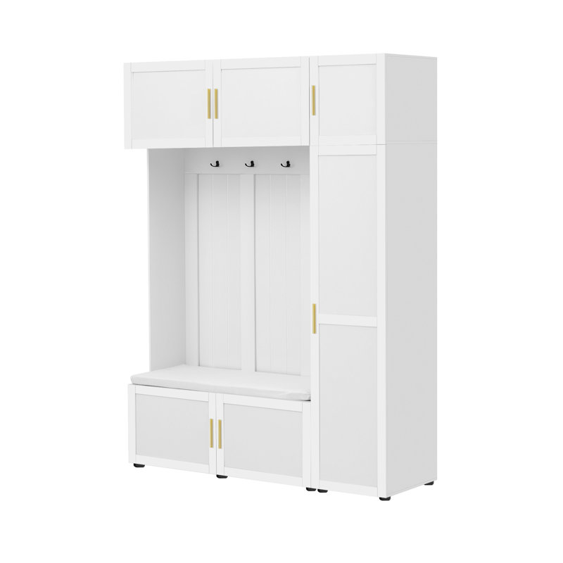 American Style 4-in-1 Hall Tree with Padded Bench, 4 Hooks, and Multi-Tier Storage Shelves,for Mudroom, Hallway