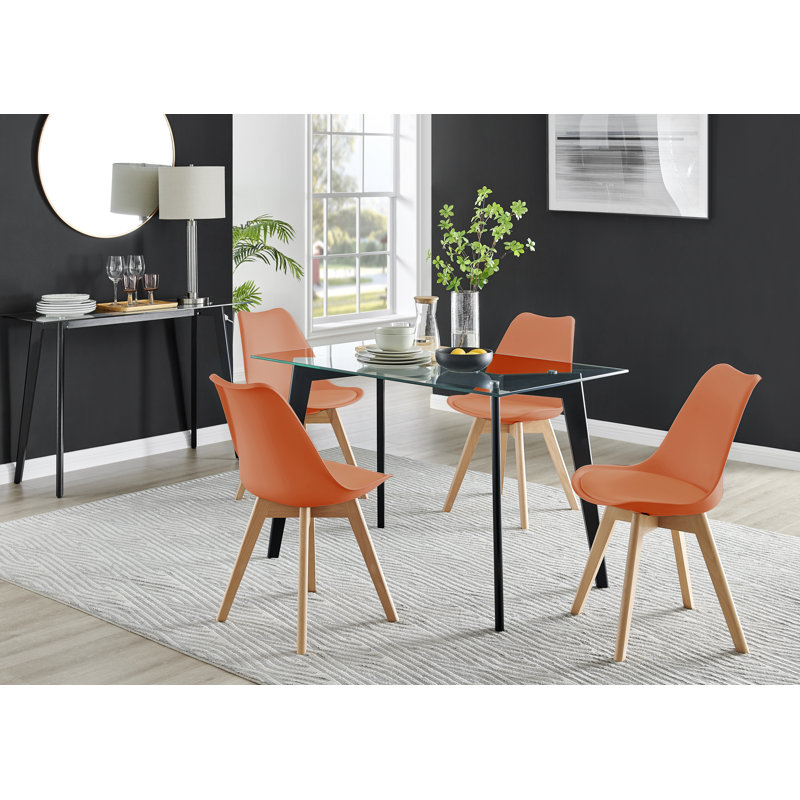 Scandinavian Minimalist Style Glass and Metal Leg Person Dining Set - Table and Chairs, Orange, Black