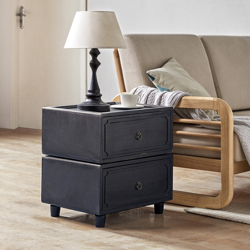 Aivery Farmhouse 2 - Drawer Solid Wood Modular Transitional End Table with Antique Bronze Handles, Black