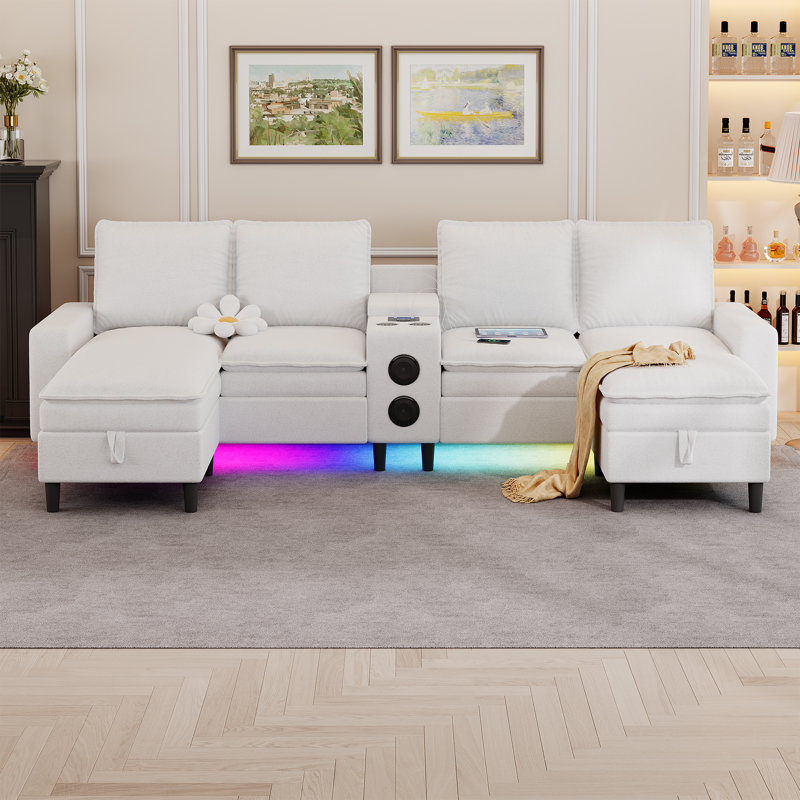 120" U-Shaped 5-Seat Modular Sectional Couch with Storage Ottomans, Bluetooth Speaker, RGB Lights & Charging Station