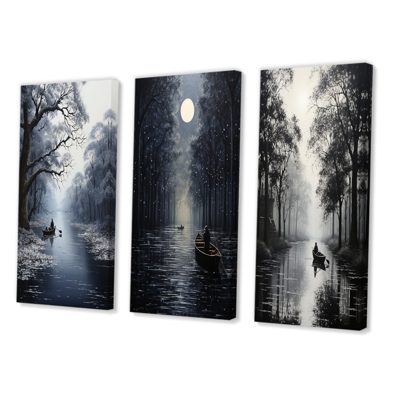 «Canal Quiet Passage Charcoal», 3 pièces, H 32 po x l 48 po, Toile tendue