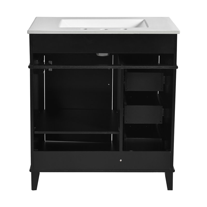 Meuble-lavabo de salle de bain avec lavabo en céramique et trois tiroirs à fermeture en douceur, Noir, noir, noir, noir