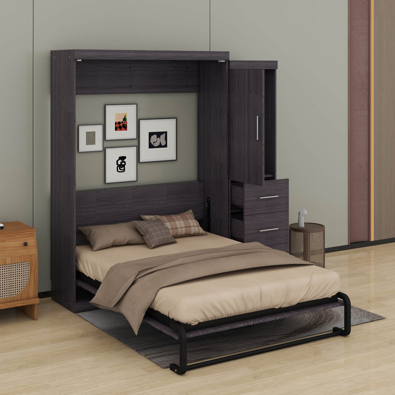 Lit escamotable avec garde-robe et tiroirs, lit de rangement, peut être plié dans une armoire, Lit double