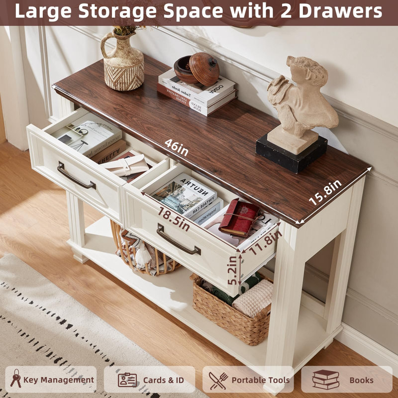 Farmhouse 46" Console Table with 2 Drawers, Rustic Wood 2 Tier Entryway Table with Open Storage Shelf for Entry, Large Mid-Century Vintage Sofa Tables Behind Couch for Living Room (White)