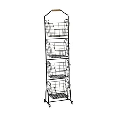 4-Tier Market Basket - Antique Black Wire And Acacia Wood Handle, Kitchen Fruit Vegetable Storage Organizer