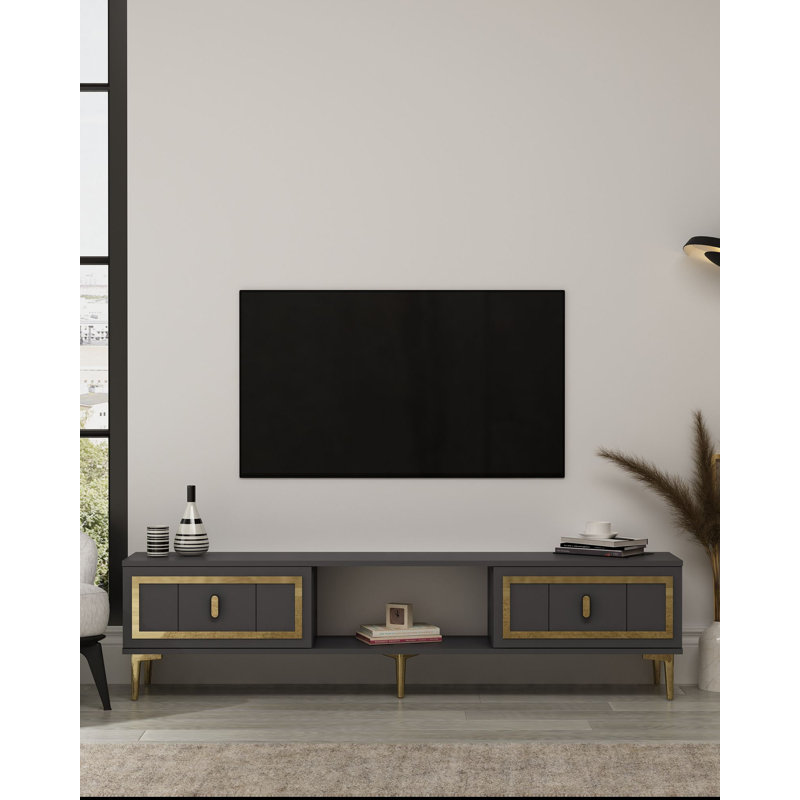 Meuble télé moderne avec possibilité de fixation murale, couleur anthracite et or, 59,1 po x 17,6 po x 11,6 po | 100% panneau de particules enduit de mélamine, épaisseur: 0,7 pouce | Design élégant pour le salon et les espaces de divertissement