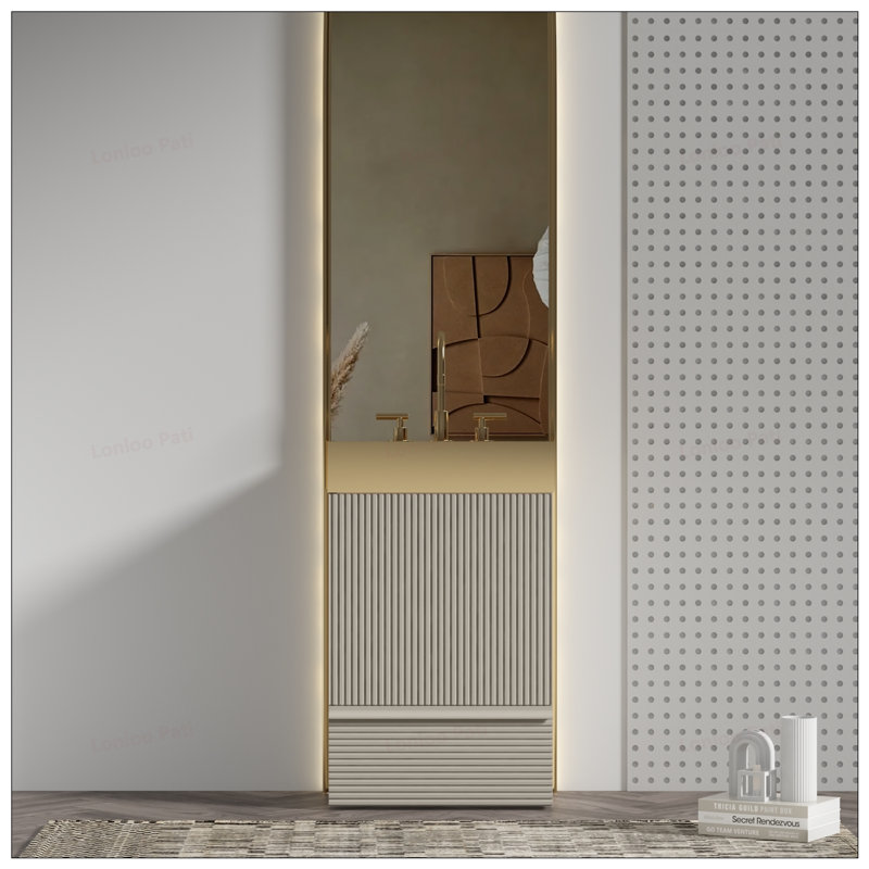 Meuble-lavabo à rayures 20 po avec lavabo et tiroir en acier inoxydable, Gris, Doré